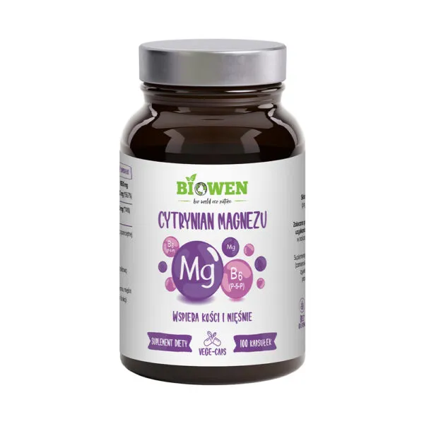 Magnez Biowen Cytrynian Magnezu z Witaminą B6 (P-5-P) 825mg 100 kapsułek Prawidłowa Praca Mięśni